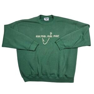 Vintage Lee Heavyweight Green Fishing Sweatshirt Here Fishy Fishy USA Mens XL